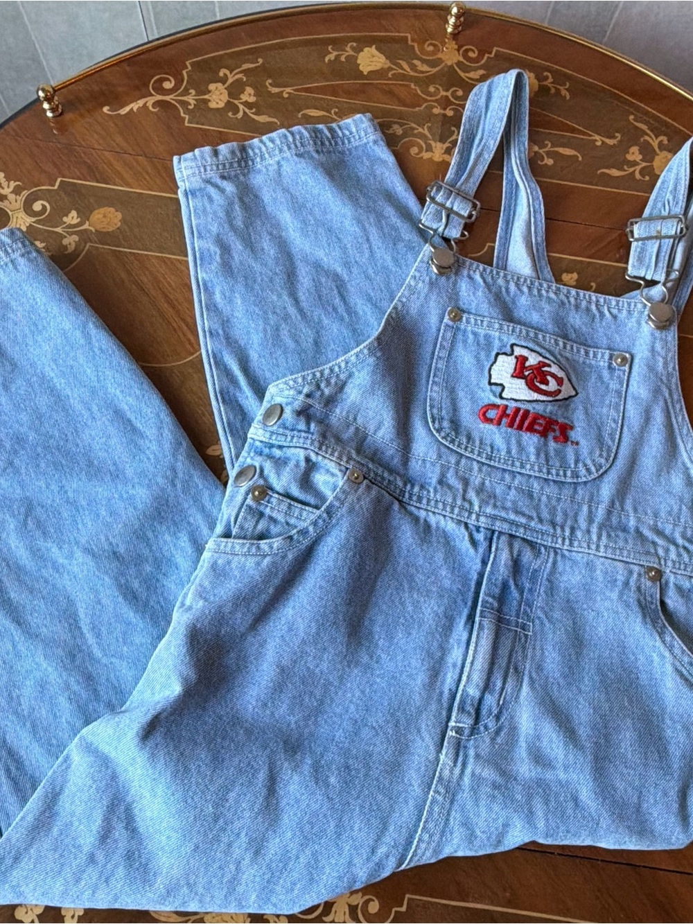 Vintage 90s Kansas City Chiefs Denim Overalls Kids Toddler NFL 4t 5t